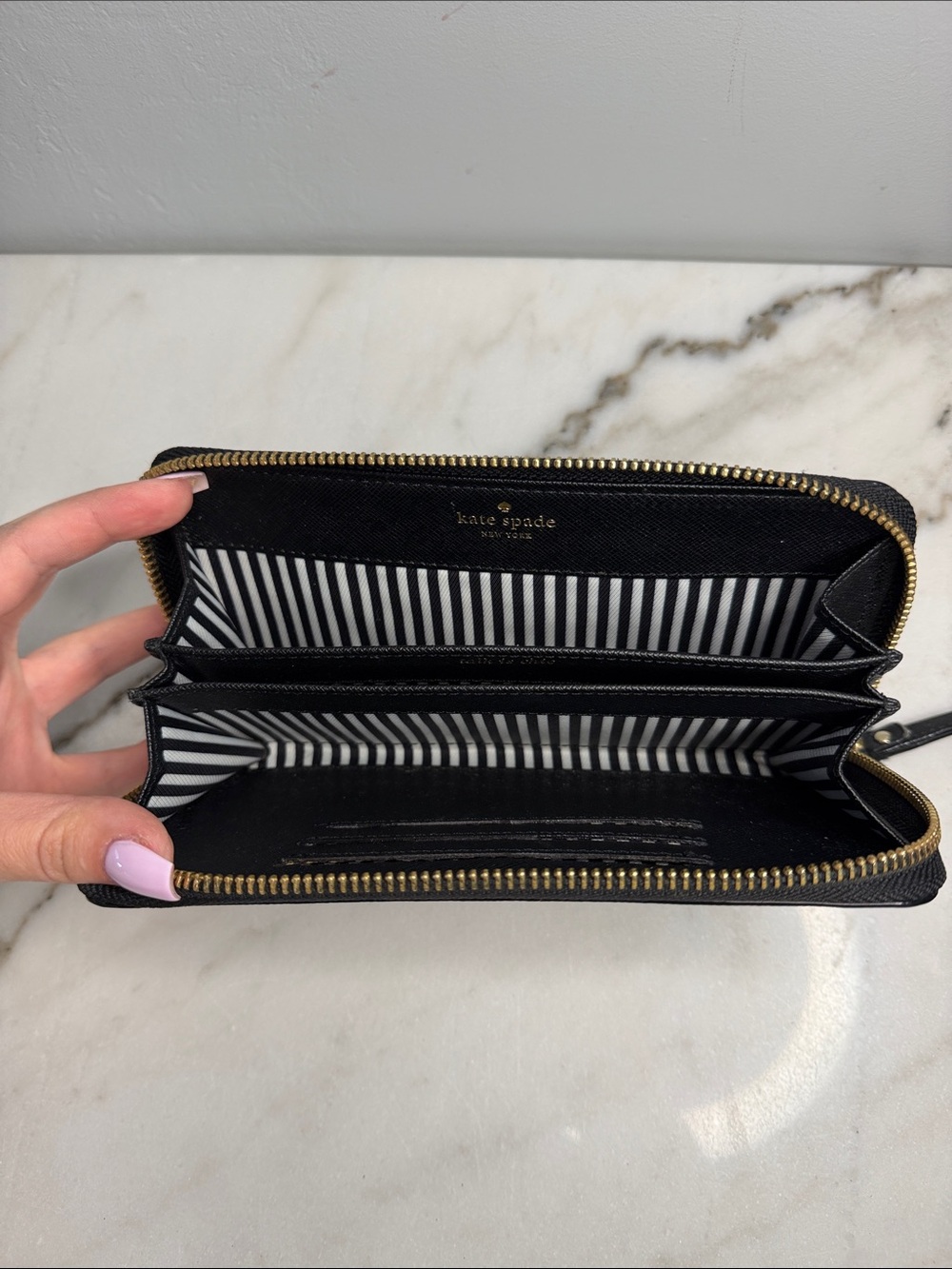 kate spade Black Leather Zip-Around Wristlet Wallet with Gold Logo - Picture 4 of 5